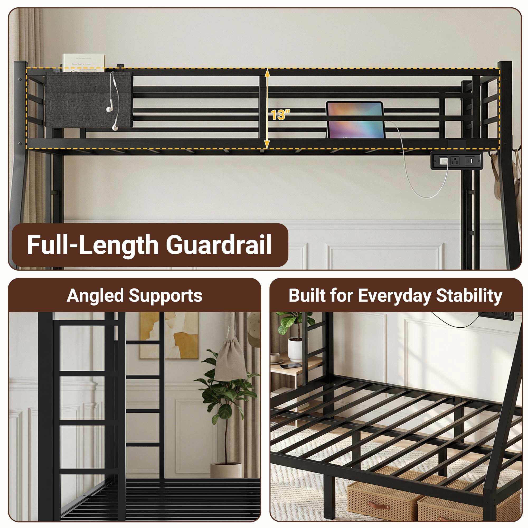 Miniyam Twin Over Full Metal Bunk Bed with Charging Station, LED and Storage for Teens and Adults, Black