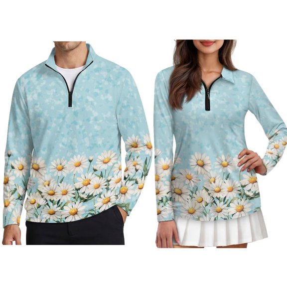 Xixirimido Daisy Leopard Blue Couples Golf Shirts Matching Polo Shirts Long Sleeve Golf Tops for Women Men 1/4 Zipper Breathable Quick Dry Athletic Activewear for Fall Winter S