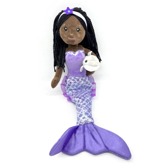 The Petting Zoo Mermaid Doll with Dolphin Stuffed Animal- Great Gifts for Girls, Mermaid Plush Doll, 17 Inches (African American)