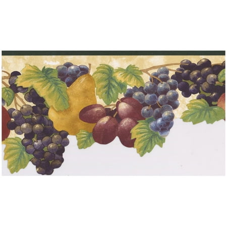 Navy Blue Walk - Prepasted Wallpaper Border - Navy Blue Grapes Purple Plum Apple Pear on Vine Scalloped Wall Border Retro Design, Roll 15 ft. x 6 in.