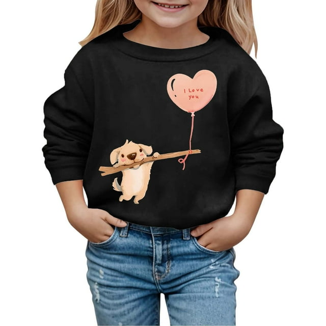 MEZZALL Chandail à Capuche Imprimé Chiot Mignon Cœur d'Amour Printanier pour Enfants, Coupe Décontractée, Noir, 2-3 Ans