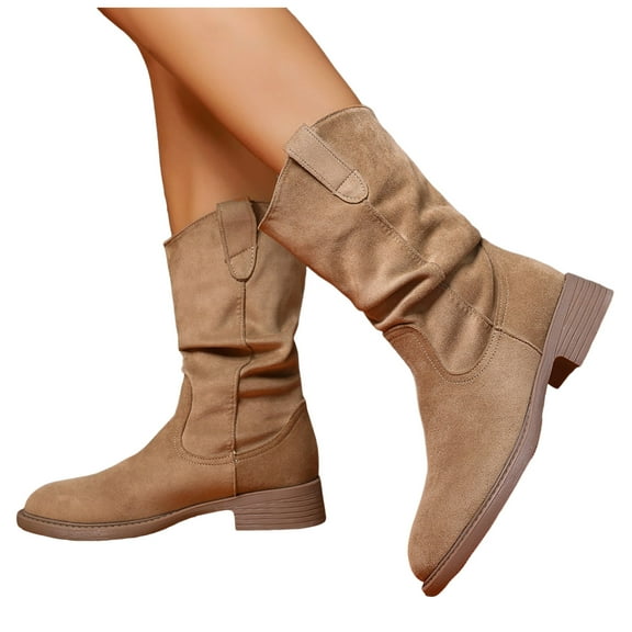 Chenyee Mid Calf Boots for Women Pointed Toe Block Low Heel Pull On Comfortable Dress Cowboy Booties