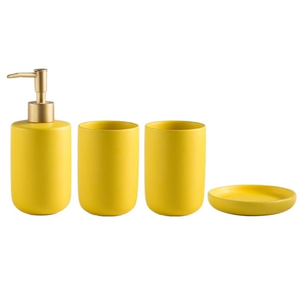 Juego de 4 accesorios de baño de cerámica. Incluye dispensador de jabón, taza for enjuague bucal y jabonera.