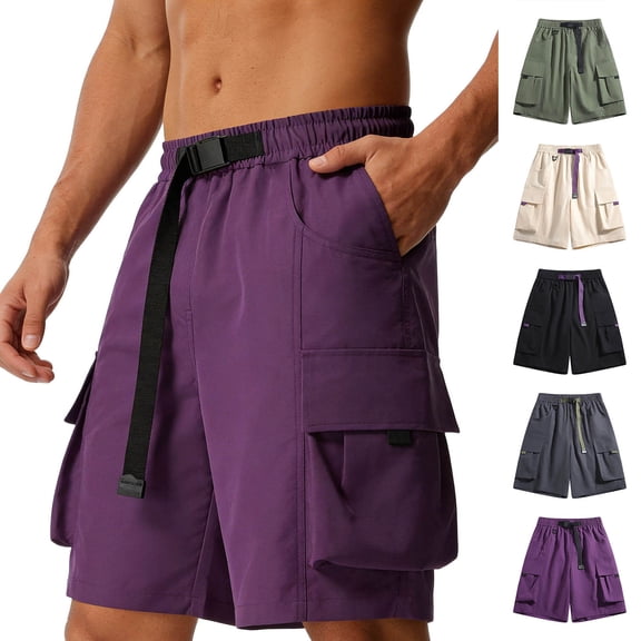 Fengqque Men's Cargo Shorts Elastic Waistband Drawstring Summer Relaxed Fit Work Shorts with Multiple Pockets Purple XS(XS)