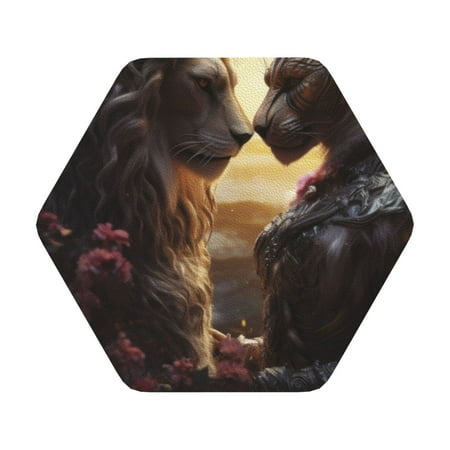 

Matuu Romantic Flower Lion Couple for Cup Coasters Set of 6 Leather Coasters Desk Coasters for Office Measures 4” x 4” Hexagon