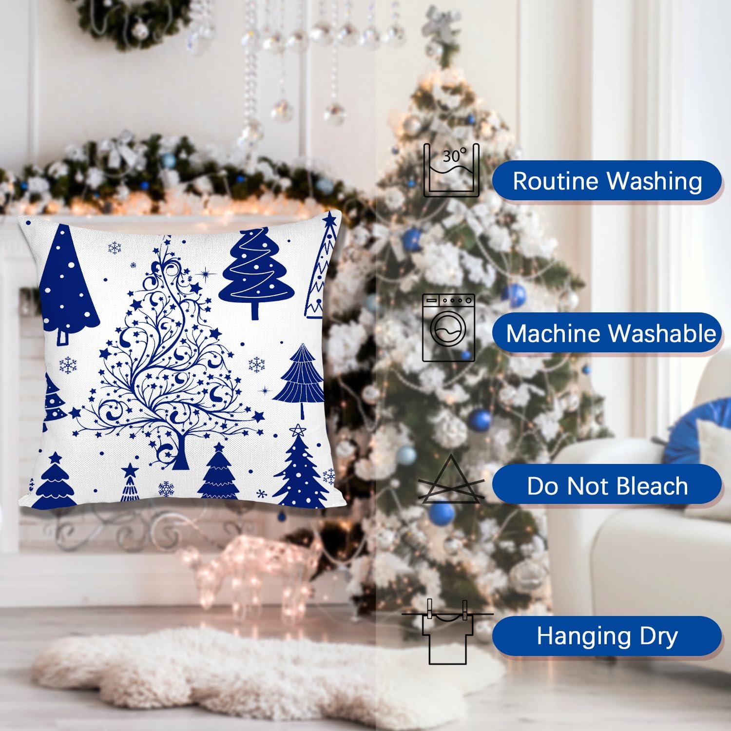 Blue Christmas Throw Pillow Covers 20x20 Set of 4 Christmas Decoration Trees Deer Snowman Merry Christmas Decorative Holiday Farmhouse Pillow Covers for Holiday Christmas Decoration