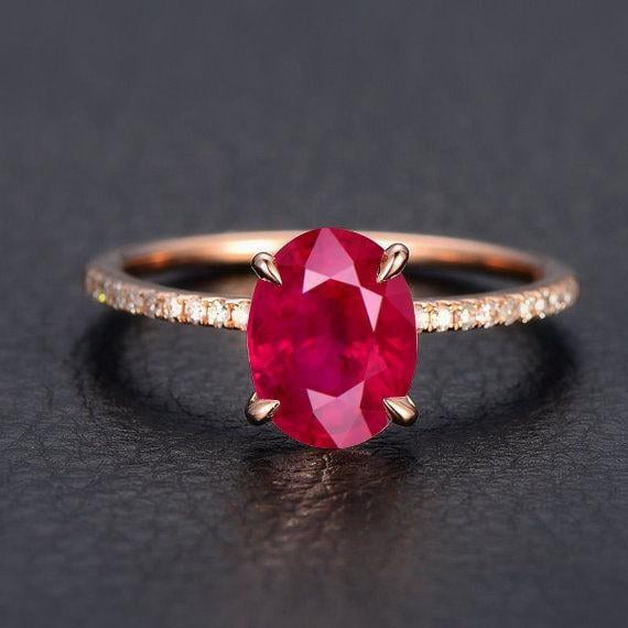 1.75 Carat Red Ruby 8x6mm Oval Cut And Moissanite Diamond Engagement Ring in 10k Rose Gold for her