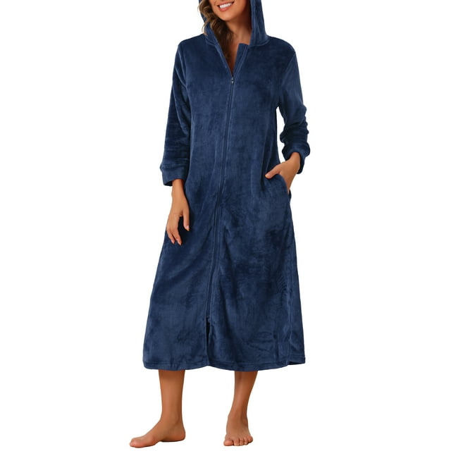 Bata de baño larga con cremallera para mujer INSPIRE CHIC, suave y esponjosa, cálida, con bolsillos, talla 2XL, color azul marino