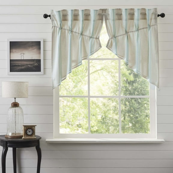 VHC Brands Grain Sack Aqua Blue Stripe Coastal Farmhouse Prairie Swag Curtain Set 36x36x18