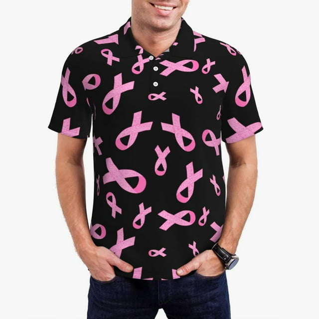 Lsque Breast Cancer Awareness Pattern Golf Shirts for Men Dry Fit Print Moisture Wicking Performance Short Sleeve Polo Shirt-4X-Large