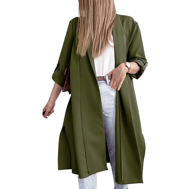SAYOO, gabardina abierta por delante para mujer, cárdigan largo de manga 3/4 informal holgado de Color sólido para ropa de calle de otoño SAYOO moda