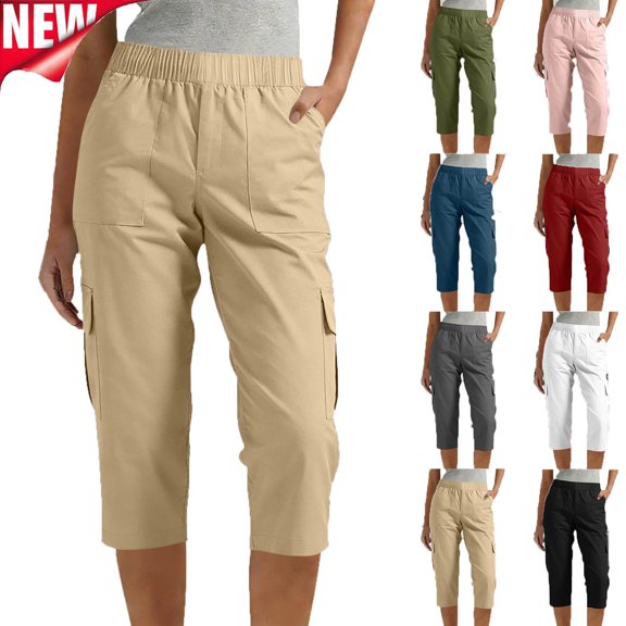 Tqyyweavej Women's Cargo Capri Pants Elastic Rised Outdoor Hiking Pants Straight Leg Solid Color Casual Pants for Women S-2XL