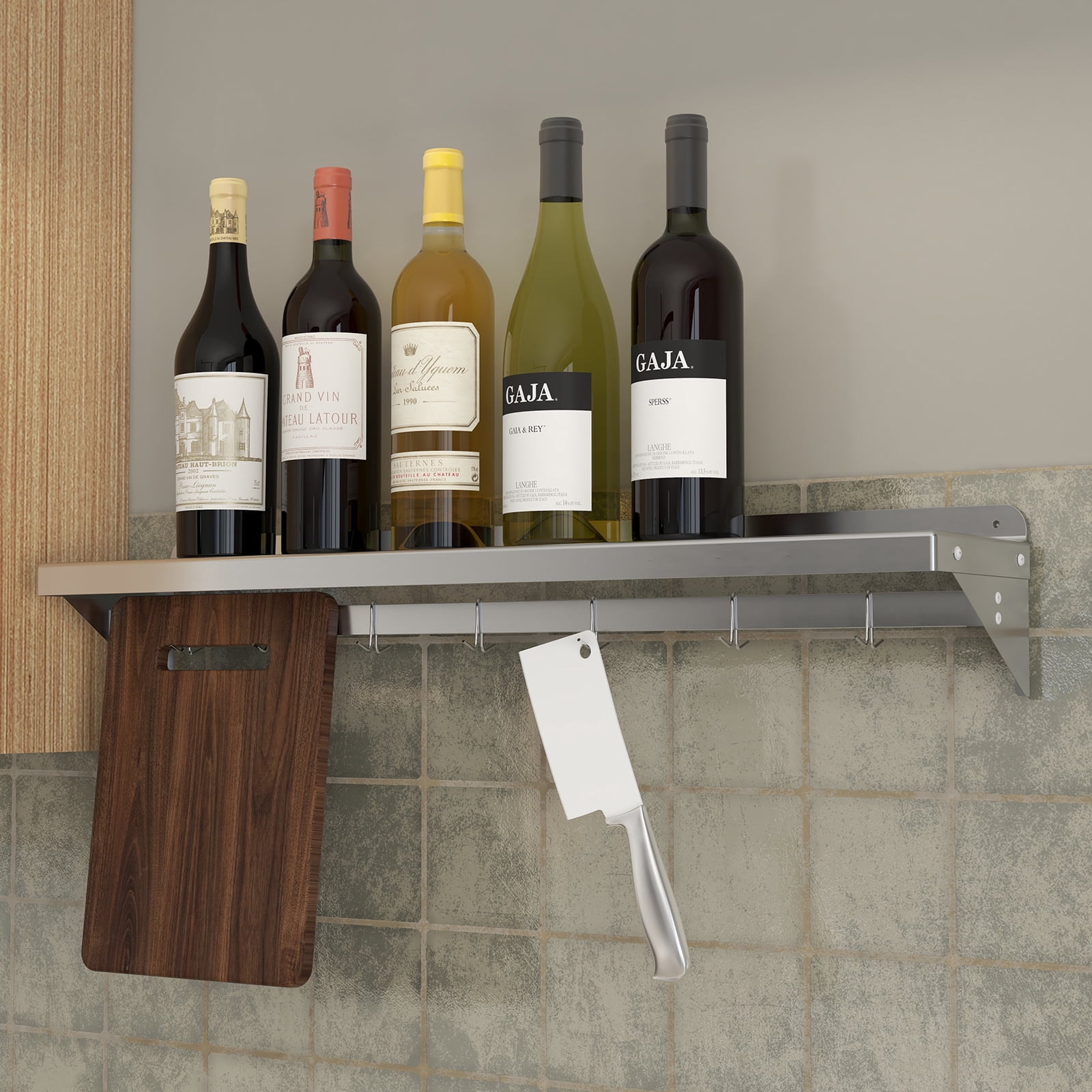 48" Stainless Steel Wall Shelf with Hooks, NSF Kitchen Storage Rack with Backsplash, Heavy-Duty Metal Organizer for Home & Commercial Kitchens