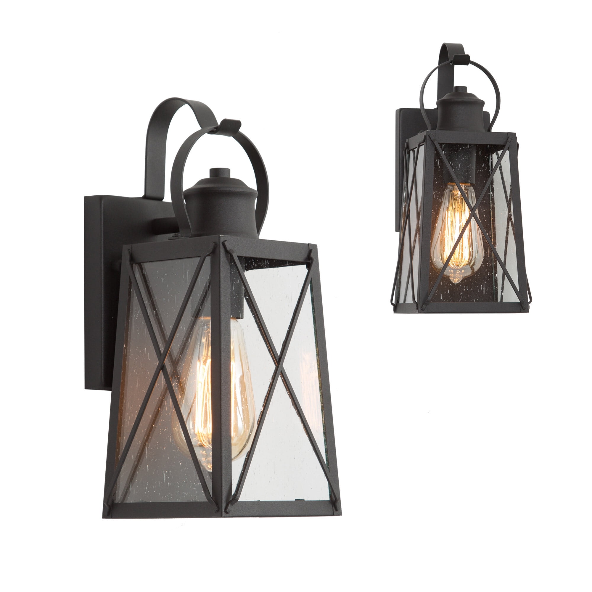 LNC 2-Pack Modern Rustic Black Square Round Shape Outdoor Wall Lamp 2pcs/pack/ Seeded Glass