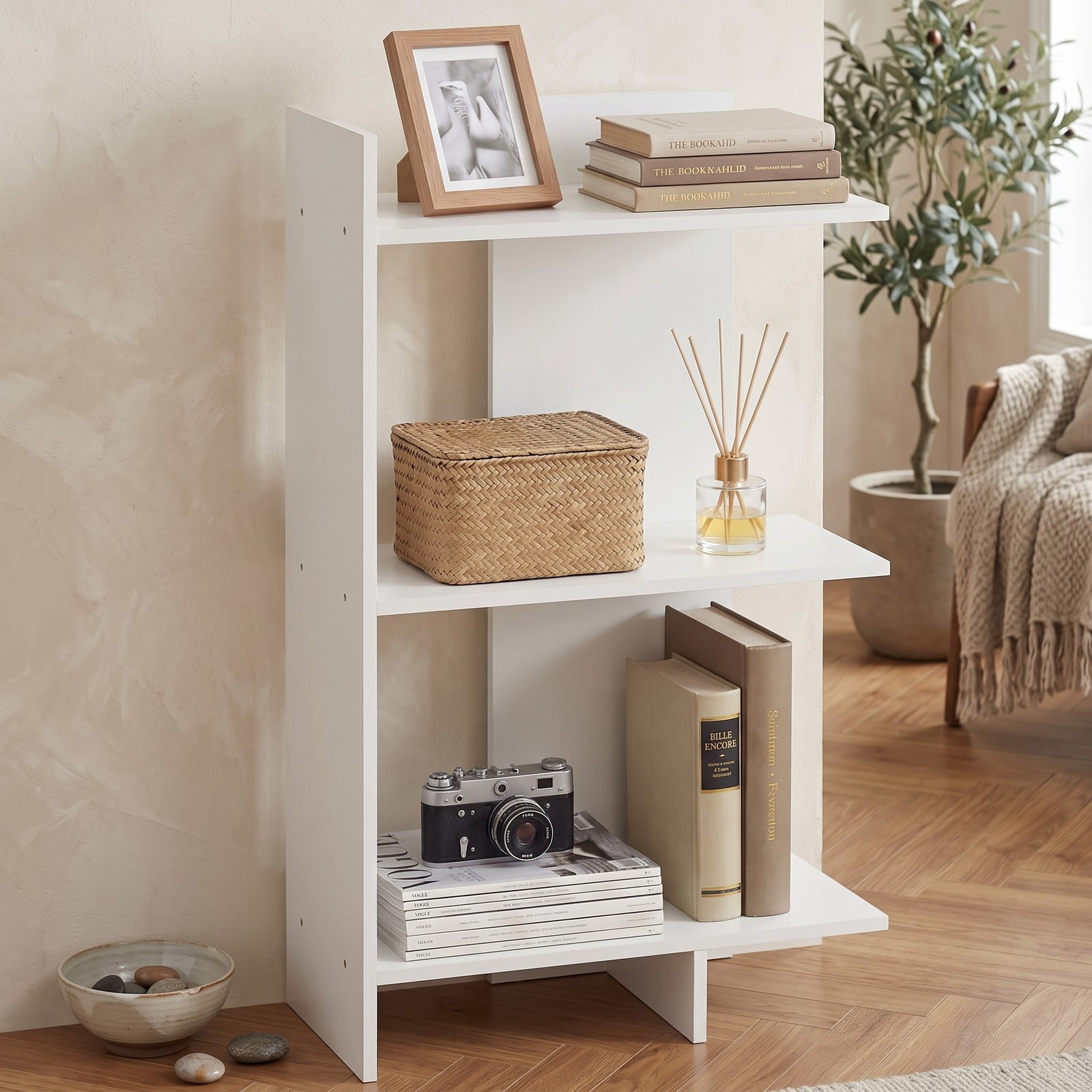 Furnibear 3 Tier Wooden Bookshelf with Anti-Tipping Kit, Freestanding Open Bookcase Display Storage Shelf for Living Room Bedroom Home Office, Engineered Wood, White