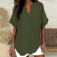 thumbnail image 2 of Nestiefly Womens Cotton Linen Tops Casual Half Sleeve Crew V Neck Blouse Shirt Loose Fit Breathable Summer Tee Army Green 2XL, 2 of 8