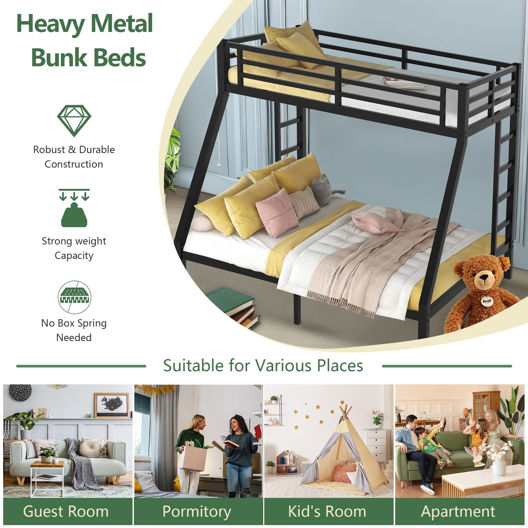 Miniyam Twin XL Over Queen Metal Bunk Bed with Guardrail and Ladders, Space-Saving Frame, White