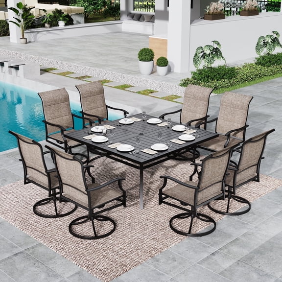 SUMMIT LIVING 9-Piece Outdoor Patio Dining Set with Large Square Metal Steel Table & High-Back Padded Swivel Chairs for 8-Person, Black & Grayish-brown