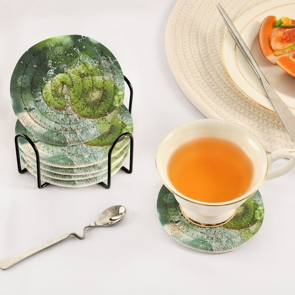 BZSMCE 6Pcs Drink Coasters With Holder 3.94Inch Kiwi Slices Splashing in Water Creative Coil Coaster Coasters Colors Absorbent Coasters for Drinks Coasters Set Thicken Heat for Home Table