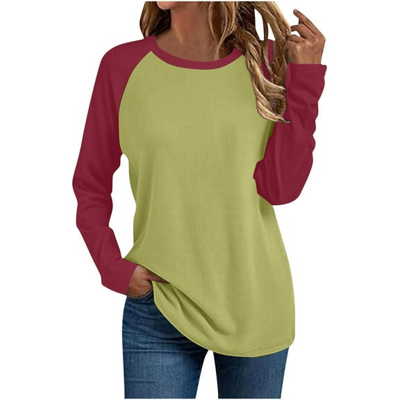 Long Sleeve Shirts for Women Fall Casual Colorblock Raglan Crew Neck Sweatshirts Lightweight Loose Fit Tunic Tops (XL, Yellow)