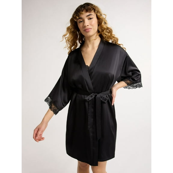 Joyspun Women’s Lace Trim Satin Robe, Sizes S to 3X