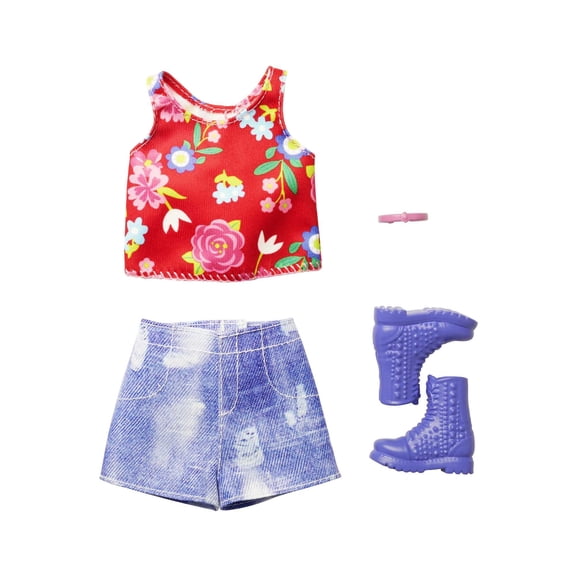 Barbie Fashions, Doll Clothing with Floral Top, Denim Shorts and Accessories