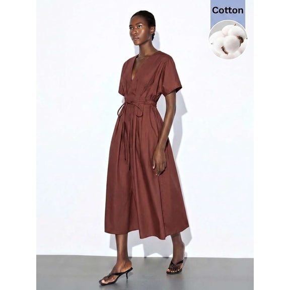 Brown V-Neck Wrap Midi Dress With Tie Waist And Short Sleeves