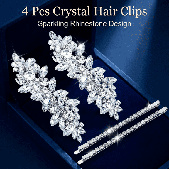 TAVENE Fancy Wedding Prom Formal Hair Accessories for Women - 4PCS Silver Rhinestone Hair Clips Bride Barrettes