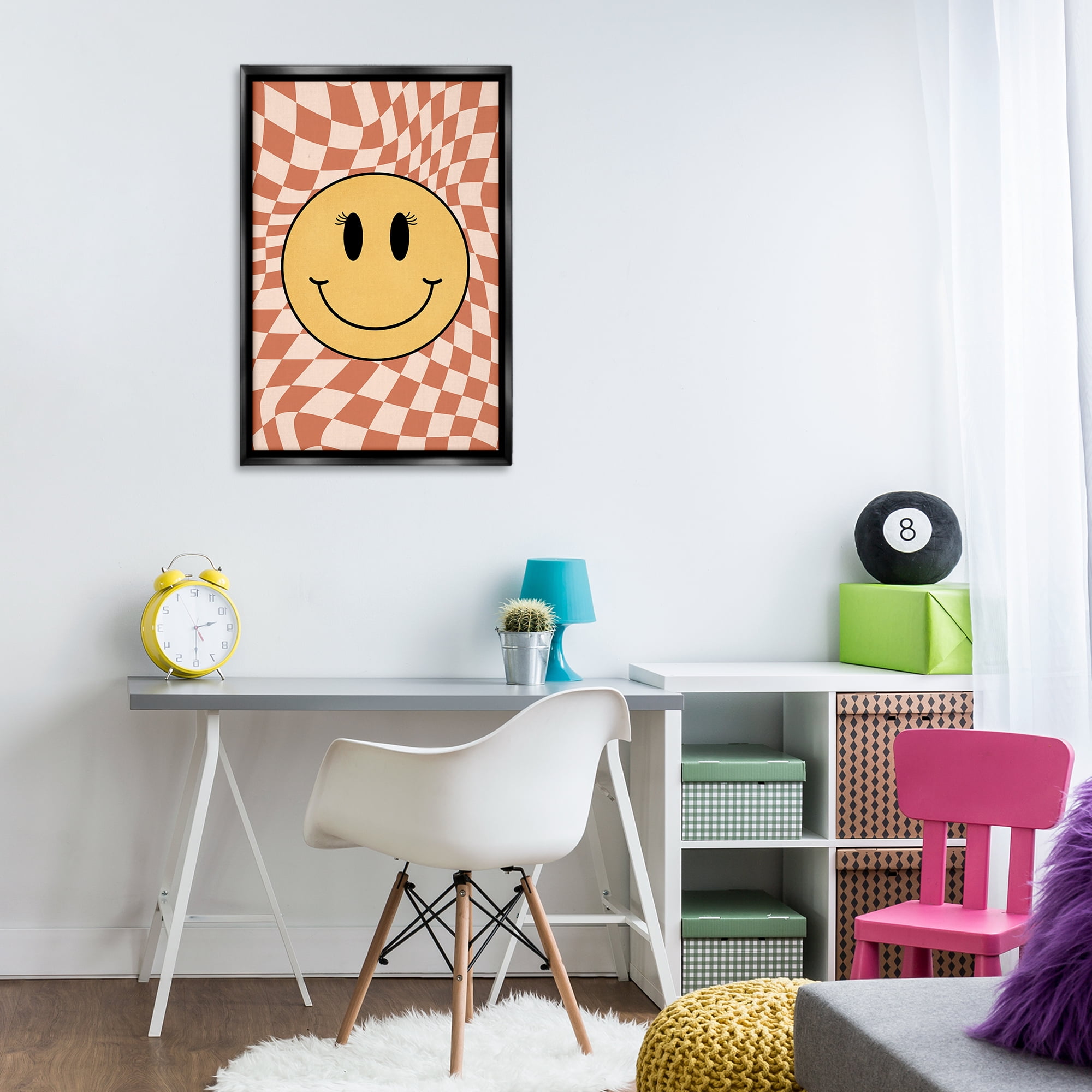 Stupell Industries Retro Checkered Smiley Novelty & Humor Painting Black Floater Framed Canvas Art Print Wall Art, 21 x 31