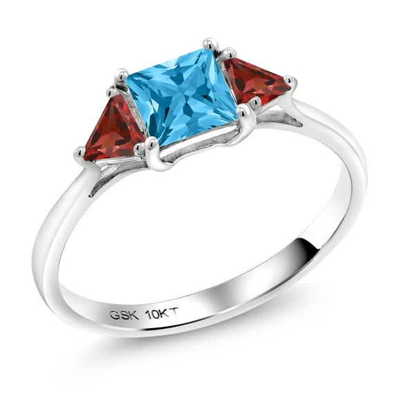Gem Stone King 10K White Gold Swiss Blue Topaz and Red Garnet 3 Stone Engagement Ring for Women (1.20 Cttw, Gemstone November Birthstone, Princess Center 5MM, Trillion 3.5MM, Size 8)