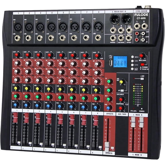 Audio Mixer 8 Channel, CT-80S Professional Sound System Mixer Board DJ Mixing Console with Reverb MP3 Player Bluetooth 48V Phantom Power Supply USB Recording for Studio Karaoke Live Music