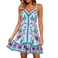 thumbnail image 3 of VBVC Women's Boho Floral Spaghetti Strap V Neck Dress , Ladies' Summer Ruffle Hem Swing Slip Dress , Casual Beach Vacation Mini Dresses For Women,Blue,S-2XL, 3 of 6