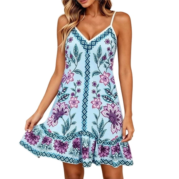 QSAWXQZ Women's Floral Print Dress V Neck Sleeveless Mini Boho Sundress Adjustable Strap Outfit for Vacation S