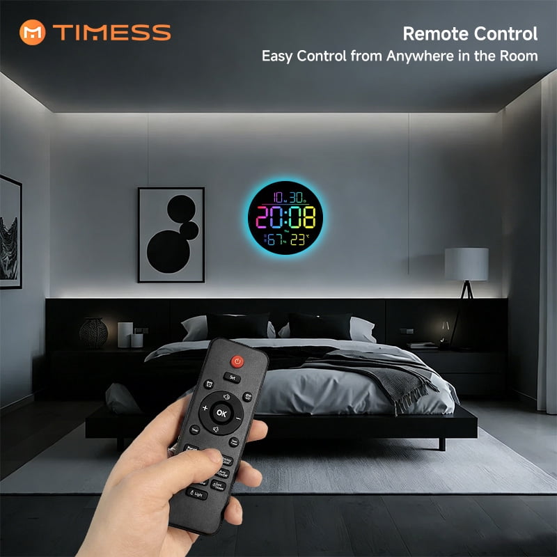 TIMESS Wall Clocks 10 in Digital Modern Wall Clock, RGB, Remote, Auto Dimming, Date, Day, Temperature, Humidity