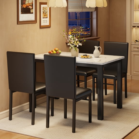 5 Piece Dining Table Set for 4, Marble Kitchen Table & PU Leather Chairs, Faux Marble Small Space Dining Table, White Black, Living/Dining Room