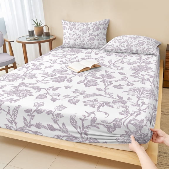 Twin XL Size Fitted Sheet Set - Spring Flower 2 Piece Bedding Sets 16" Deep Pocket Fitted Sheet with 1 Pillowcases, Vintage Farmhouse Light Purple Boho Leaf Brushed Microfiber Hotel Luxury Bed Sheets