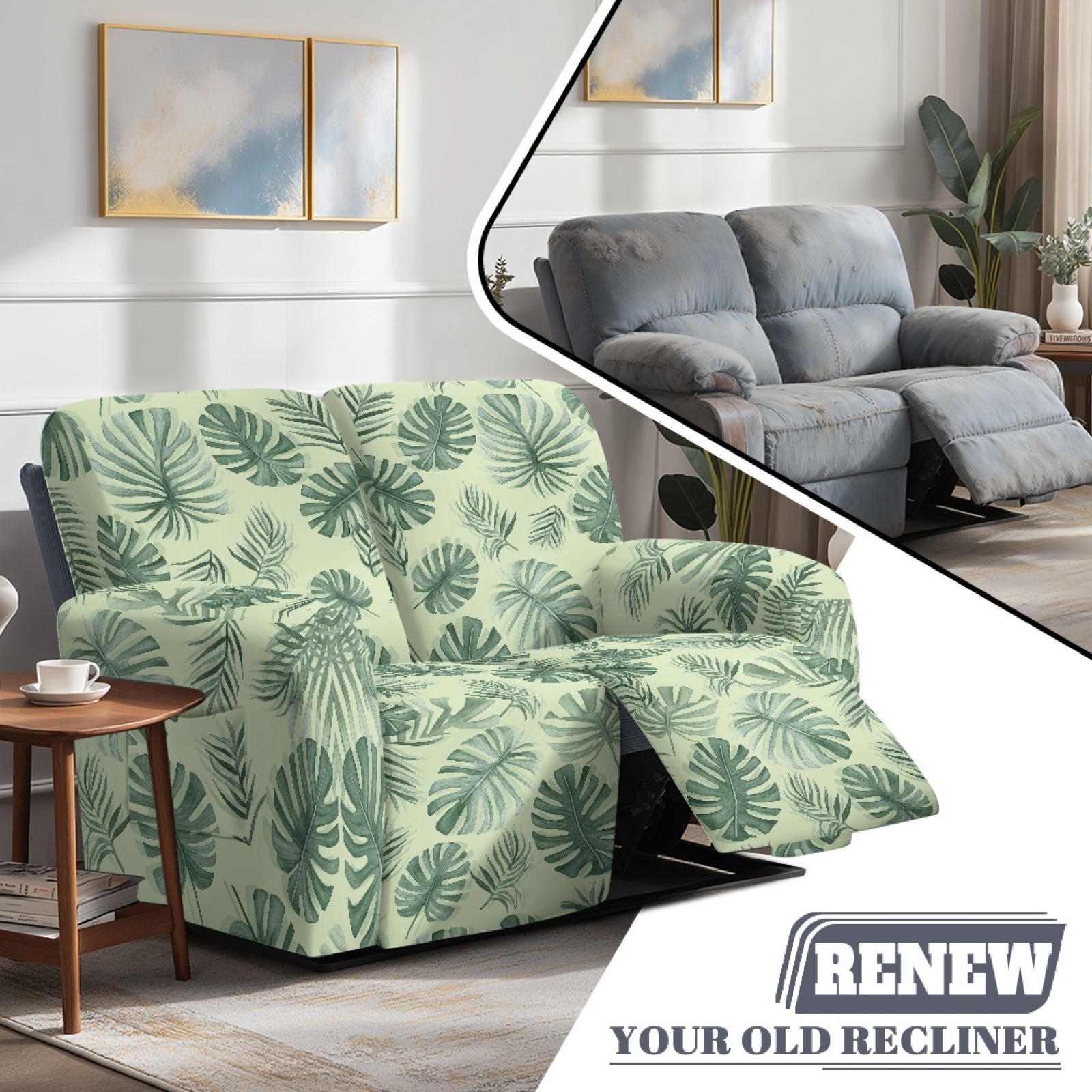 Xoenoiee Tropical Palm Leaves Print 6 Pieces Stretch Recliner Loveseat Covers Soft Reclining Couch Cover with Pockets Anti-Slip Sofa Slipcovers Fitted Furniture Protector for Pet Kid