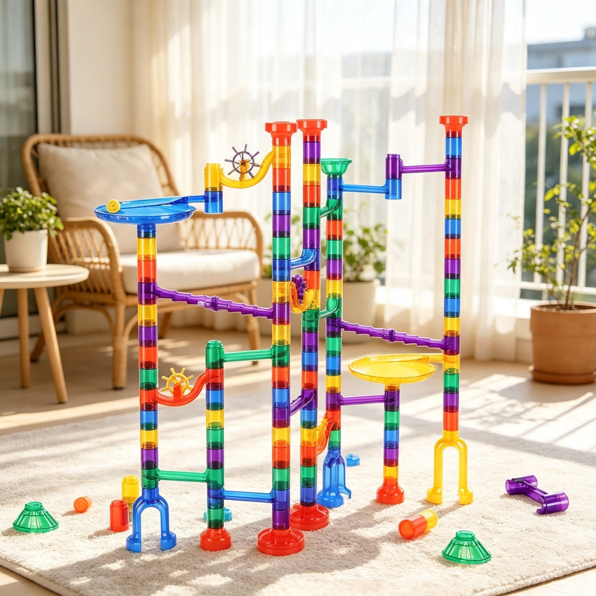 145-Piece Marble Maze Building Block Brain Game, Educational Race Track with 40 Glass & 5 Glow-in-the-Dark Marbles