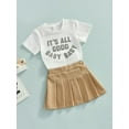 thumbnail image 3 of Seyurigaoka Toddler Kids Girls 2 Pieces Summer Outfits, Letter Print Round Neck Short Sleeve T-Shirts Tops + Solid Color Mini Pleated Skirts, 3 of 9