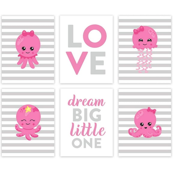 Koyal Wholesale Ocean Nautical Theme Girls Nursery Hanging Wall Art, Gray Pink Octopus, Love, Dream Big Little One