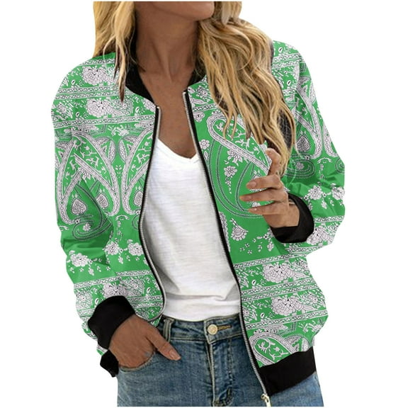 ChaoHeng Womens Jackets Lightweight Trendy 2024 Clearance,Women's Casual Fashion Printed Pocket Zippered Coat(Green,XXXL)