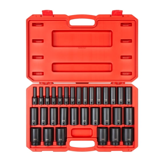 TEKTON 1/2 Inch Drive Deep 6-Point Impact Socket Set with Case, 31-Piece (8 - 38 mm) | SID92335