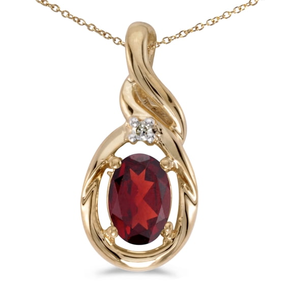 10k Yellow Gold Oval Garnet And Diamond Pendant with 18" Chain