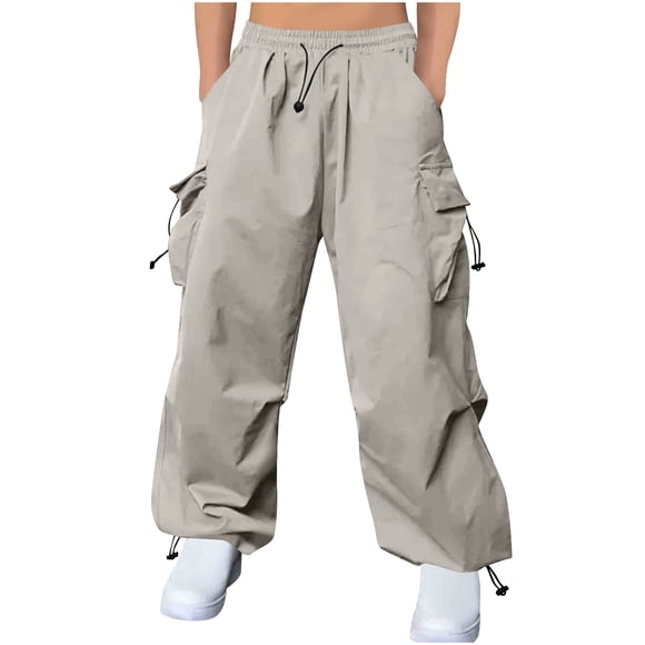 Men's Parachute Cargo Pants Baggy Cargo Pants Casual Loose Fit Hip Hop Harem Pants with Pockets Y2K Streetwear Beige M