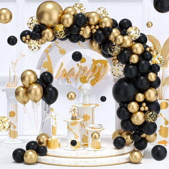 Lefiocky Metallic Gold Balloons, 122 PCS Black Gold Balloons Different Sizes Pack of 18 Inch 12 Inch 10 Inch 5 Inch