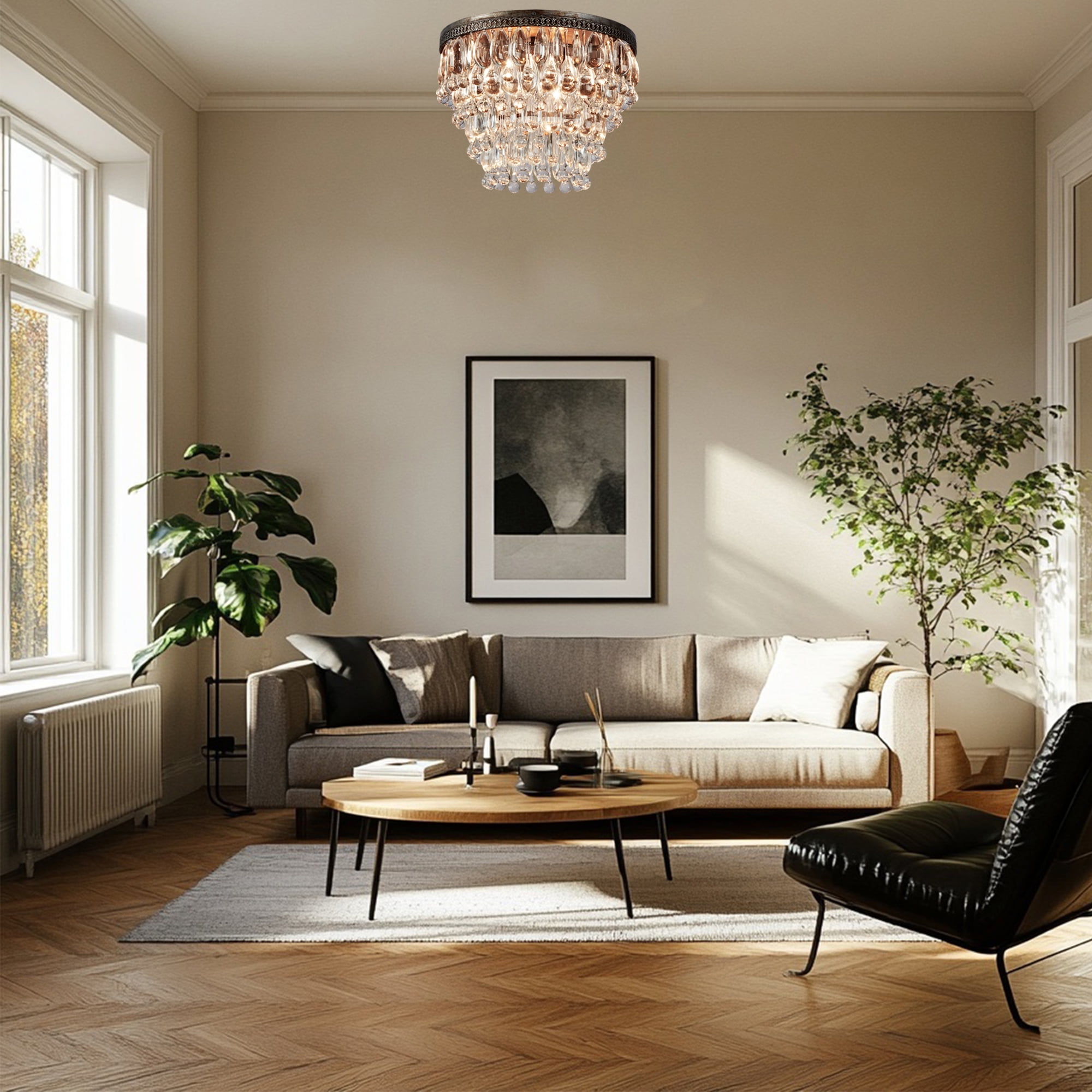 Vintage Round 15 Inch Crystal Droplets Flush Mount, Luxury Semi Flush Mount, Elegant Ceiling Light, Light Fixture for Living Room, Dining Room, Bedroom