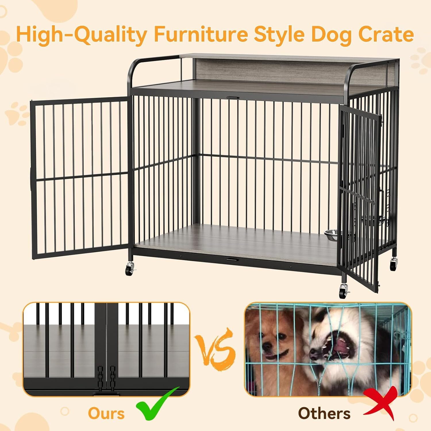 Aoile Dog Crates for Medium Dogs, Heavy Duty Dog Crate with Adjustable Height Feeder, Dog Cage Furniture with 360° Wheels, Gray