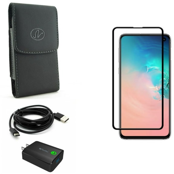 Galaxy S10e Case Belt Clip w Home Charger w Screen Protector - Leather Holster Cover, 18W Fast 6ft USB Cable Type-C, Tempered Glass 5D Curved Edge for Samsung Galaxy S10e Phone