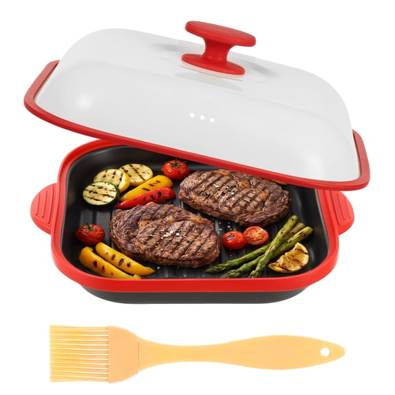 Microwave Grill Pan with Lid and Brush, Nonstick Microwave Crisper Pan for Browning and Crisping Meat, Bacon, Sandwiches, and Vegetables, Fast Microwave Cookware with Splatter Cover