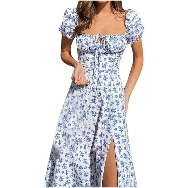 Leutsin Robe Longue Décontractée en Mousseline pour Femmes à Imprimé Floral, à Manches Courtes, Fendue